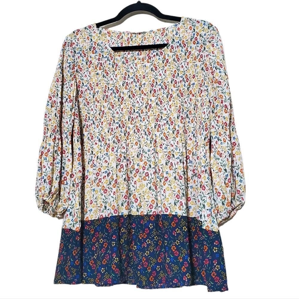 Chloe+Rene Womens Pleated Floral Peasant Top Size Small